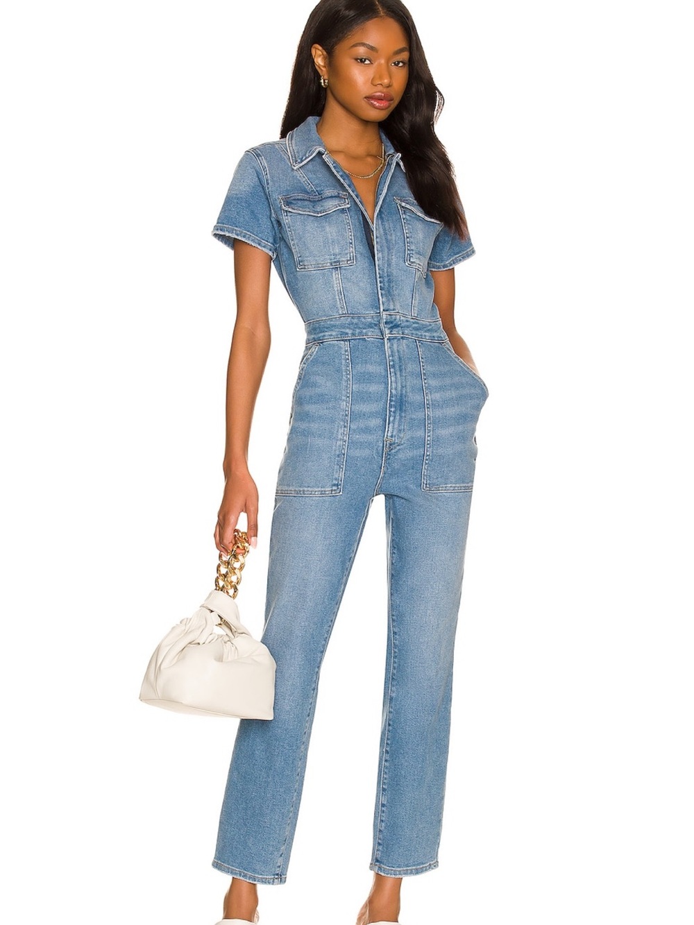 Good American Light Blue Denim Short-Sleeve Jumpsuit